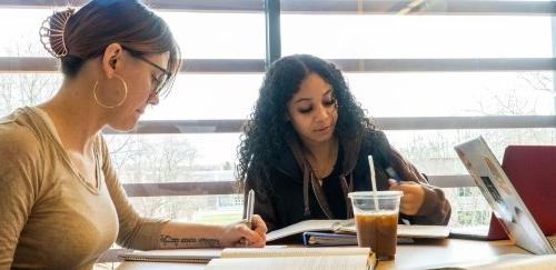 Math students working together at a table with notebooks, laptop, coffee